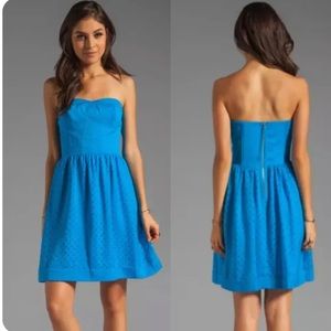 Rebecca Taylor fit and flare blue strapless laser cut out dress azul